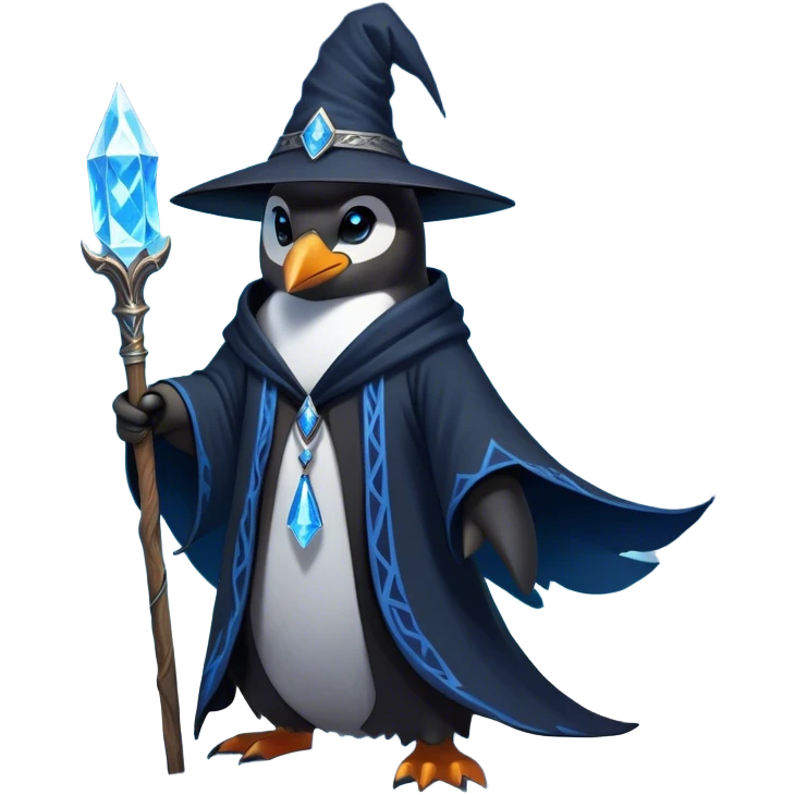 A mysterious penguin mage with sleek midnight-blue feathers, wearing a flowing black robe adorned with silver runes. A tall, pointed wizard hat sits slightly tilted on his head, the brim casting a shadow over his glowing icy-blue eyes. His flipper clutches an ancient wooden staff topped with a swirling crystal, radiating a soft, cold light. Snowflakes drift around him as he stands on a frozen cliff, his aura crackling with arcane energy, ready to summon a blizzard with a flick of his staff. emoji