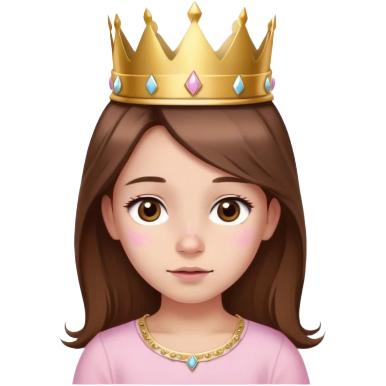girl with long brown hair, brown eyes, baby pink top, gold crown on her head, small birthmark next to her nose on the left, birthday vibe emoji
