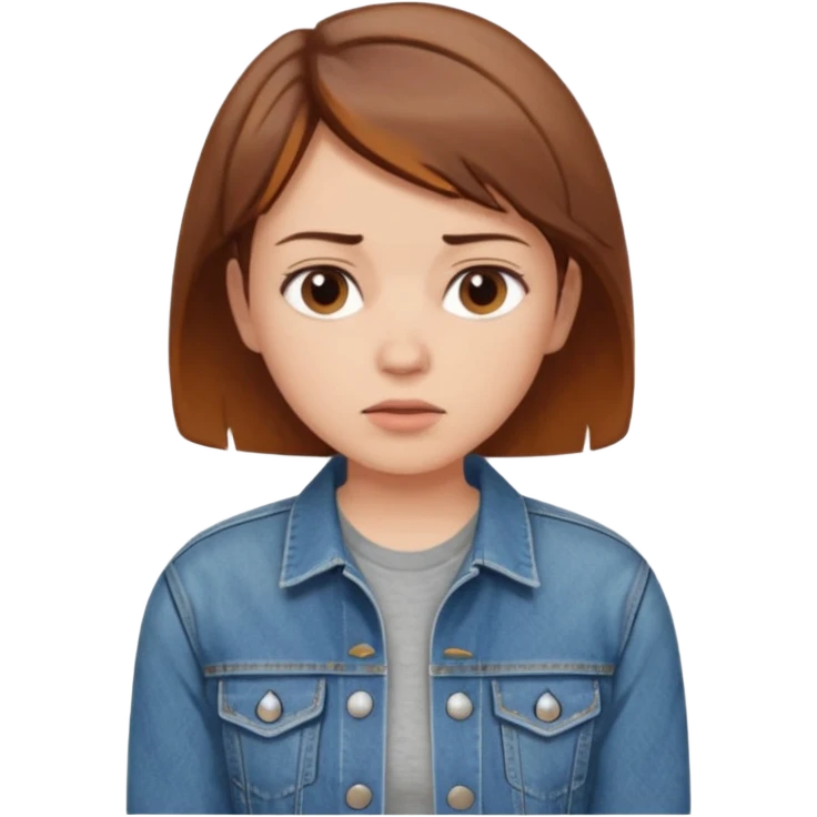 a woman with a brown short hair, looking at the left, worried, wearing a denim jacket, only upper body, high quality emoji
