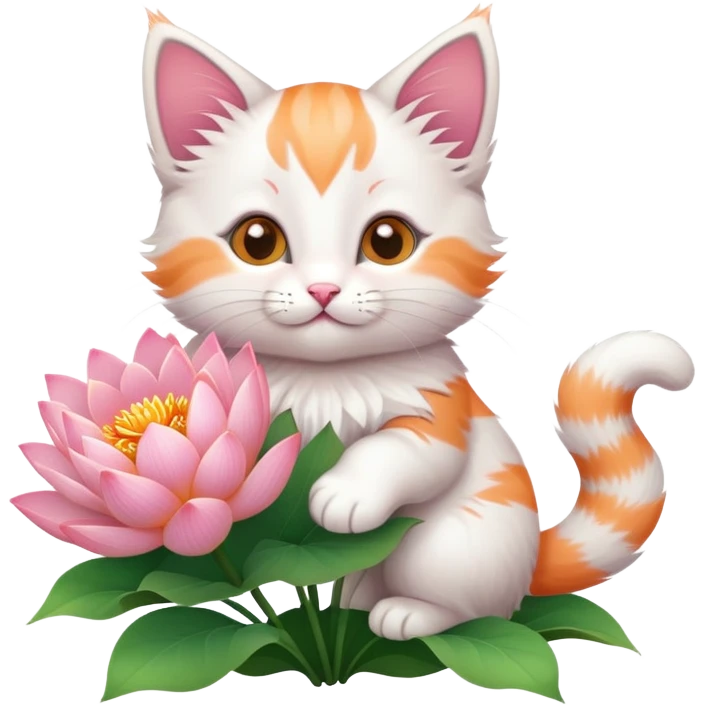 Kitten holding a bouquet of lotus flowers emoji