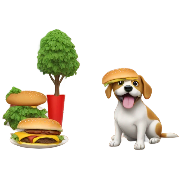 Dog with tree in house and eating a burger emoji