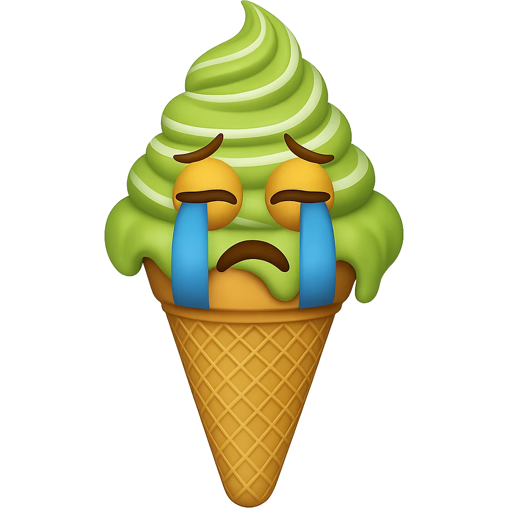 Add a crying face to the matcha ice cream. Keep the background transparent. Maintain the style and look of the original image. emoji