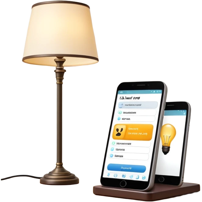smartphone in foreground showing a quiz interface, with a floor lamp protruding from behind the phone emoji