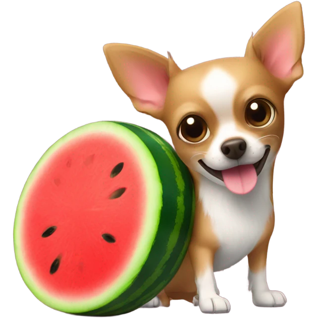 Brown chihuahua rides on fluffy watermelon toy emoji