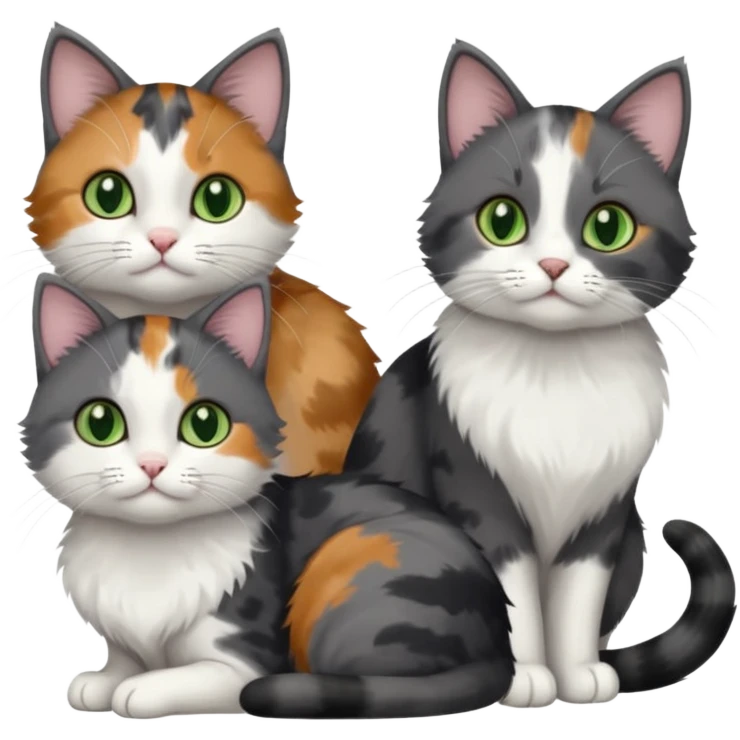 3 different coloured small cats including a dark grey and white, and a patchy calico with hazel eyes  and a completely solid dark grey with green eyes and only white paws emoji