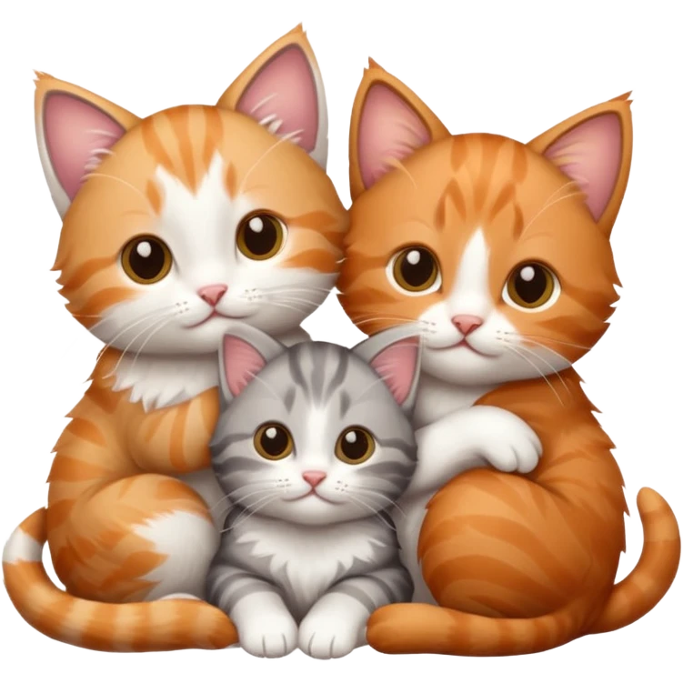 3 kittens cuddling together all different colours, the first one is grey and white, the second is ginger and white and the third is brown tabby and white emoji
