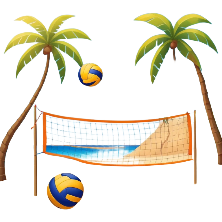 The scene captures a sunny beach atmosphere with clear blue sea and sky, palm trees swaying, and people in swimsuits enjoying the vibrant surroundings. A volleyball resting on the orange sand ground of a beach, with a volleyball net in the background.  emoji