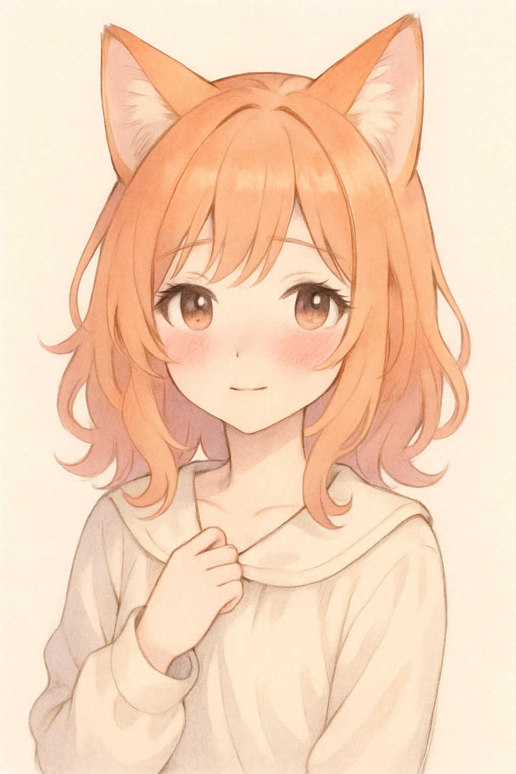 a cute girl with fox ears and ginger hair, blushing, in a soft anime style emoji