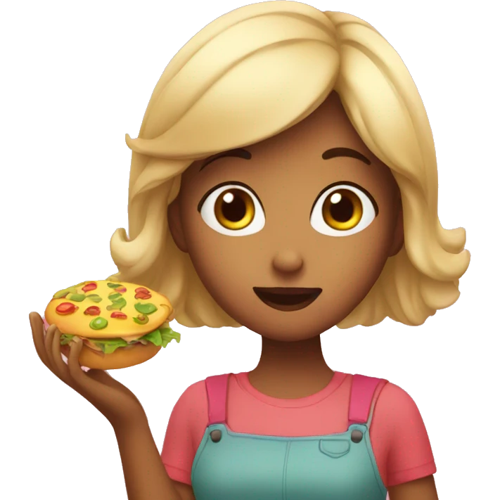 A girl is looking at the food in her hand with surprise emoji