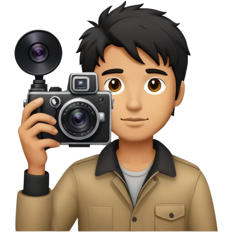a man with black messy hair holding a foto camera emoji