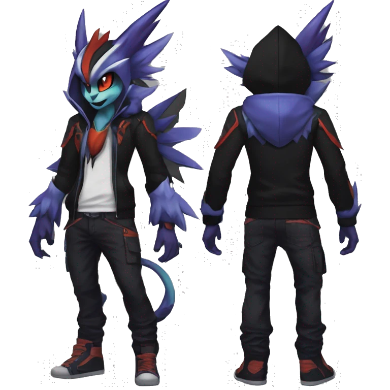 Cool Anthro Black Noivern-Absol-Litten-Pokémon with edgy stripes hoodie spiked collar punk Full Body emoji
