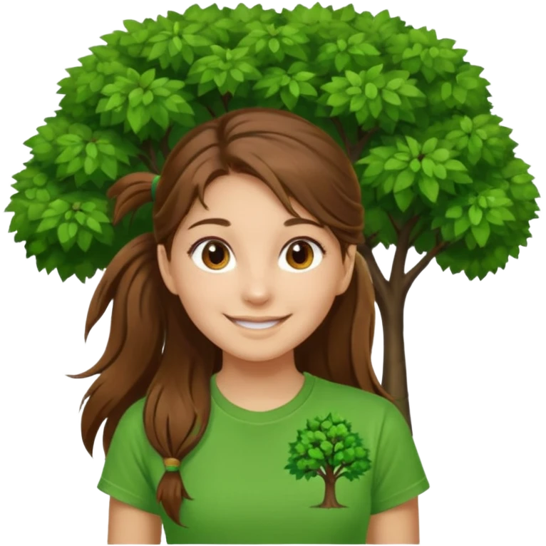 Make a zumba coach emoji, brown eyes, brown hair girl, long ponytail,green t shirt with a tree logo on It emoji