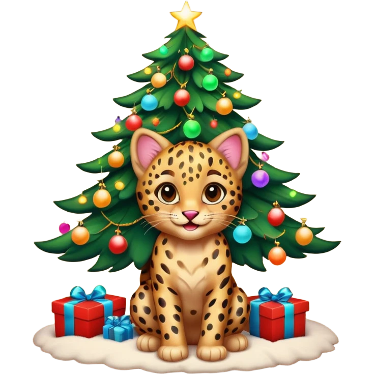 Smiling Leopard kitten under a multicolored lighted glowing christmas 🎄  emoji