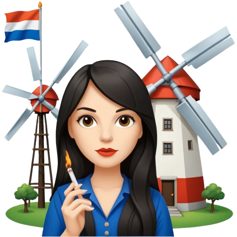 Windmill with on top ot the building a dutch flag and a white girl with dark long hair smoking a joint emoji