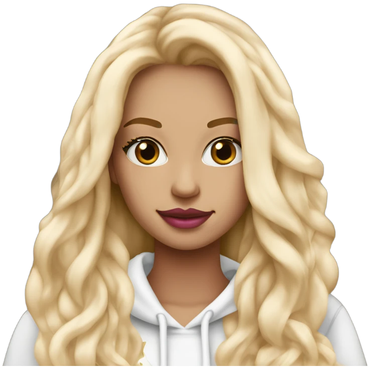 girl with long blonde hair extensions with pink lips and lashes with a Starbucks in her hand and a white hoodie on emoji