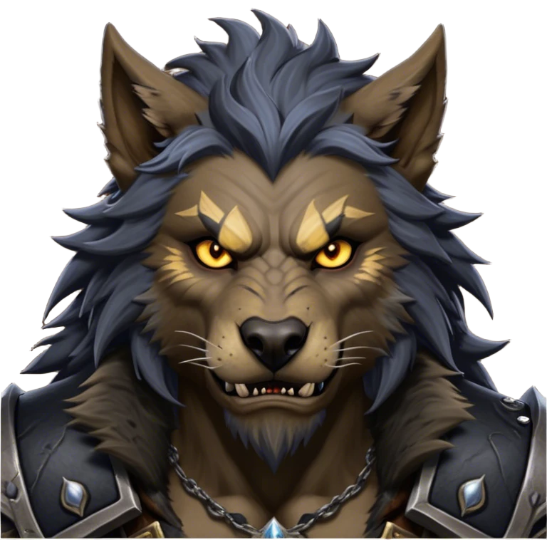 Cinematic Realistic WoW Worgen Portrait, depicted as a fearsome blend of man and beast, with rugged, dark fur intermingling with tanned, weathered skin. His piercing amber eyes and fierce expression are framed by disheveled hair and subtly detailed, worn leather attire in dark, consistent hues. Rendered with lifelike texture and dramatic, natural lighting, high shine, noble and formidable, capturing the primal nobility of a legendary worgen warrior. emoji
