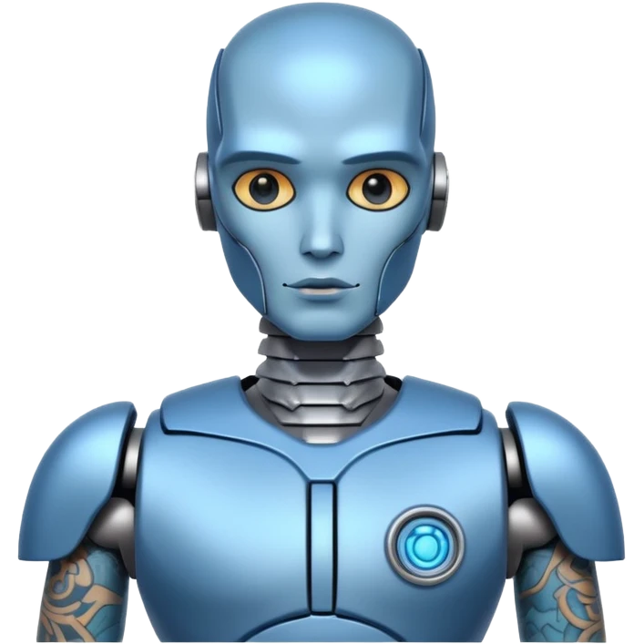blue Tatooed robot, big many tatooes on chest, neck and face emoji