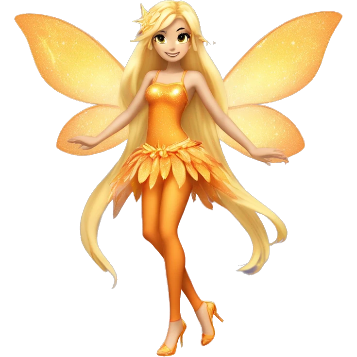 Stella adult latina fairy of the sun and the moon in her enchantix fairy orange two piece clothing and fairy enchantix wings and long blonde hair from winx club. Lots of sparkles and fairydust. Full body and full fairy bliss emoji