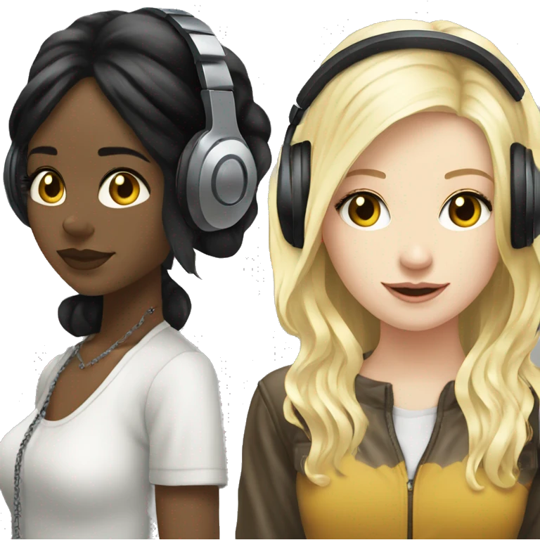 Two pale skin Girls dj with headphones one black hair one blonde hair  emoji