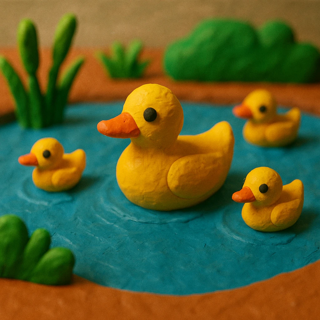duck family swimming in a pond, vibrant colors, soft lighting, textured look, claymation style emoji
