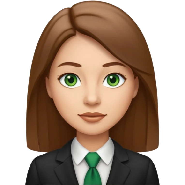 Adult woman avatar, light skin tone, oval face, straight long brown hair, green eyes, neutral mouth, business  emoji