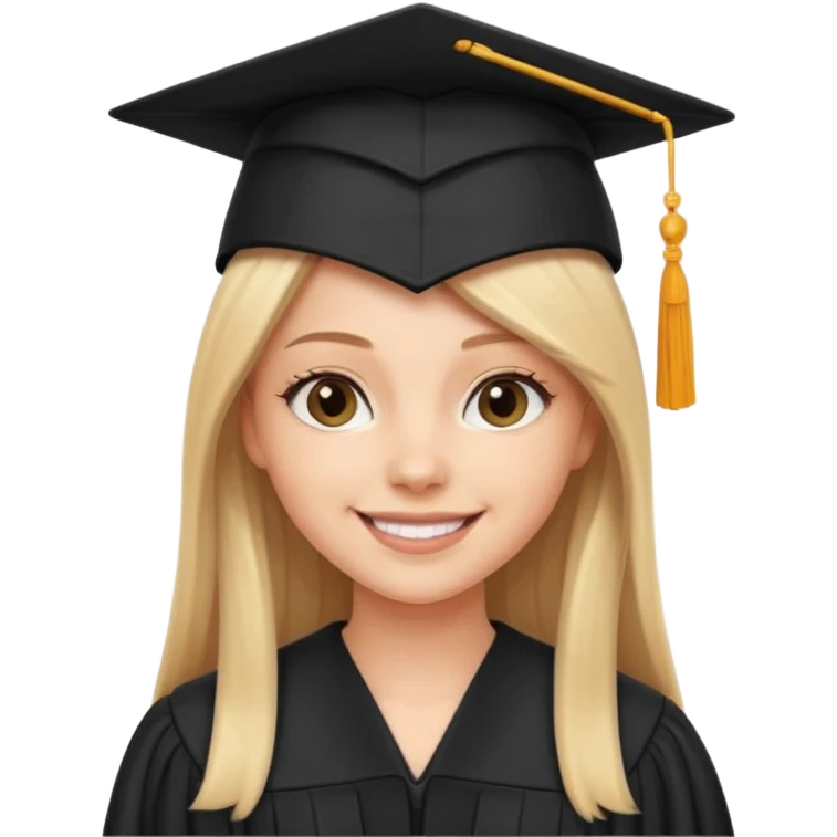 white girl with straight hair, wearing black graduation cap and gown, smiling emoji