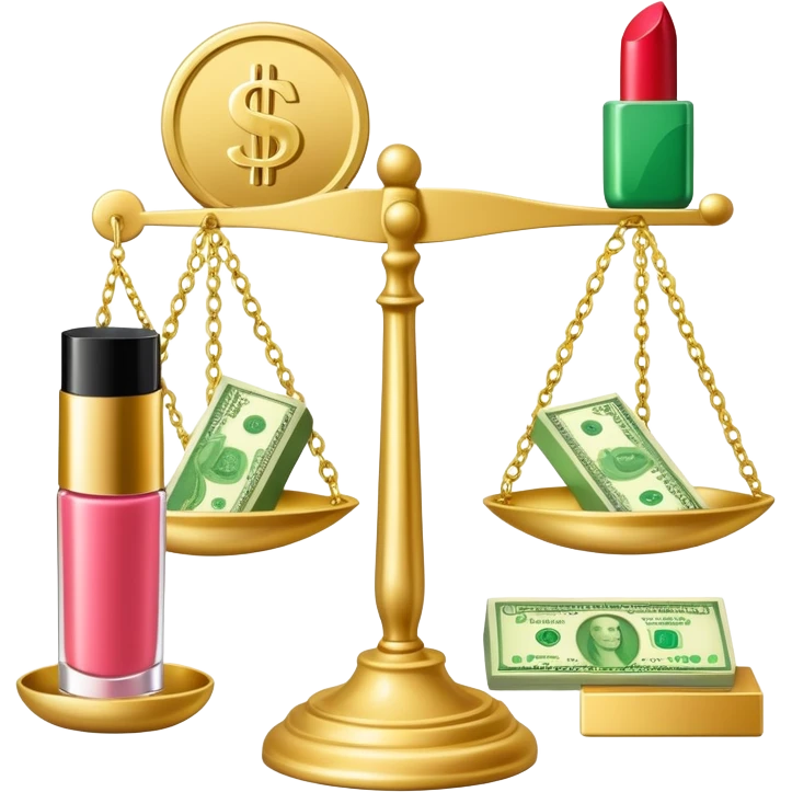 gold scale with left side green dollar bills and right side beauty products lipstick and nail polish, no lips, no extra elements emoji