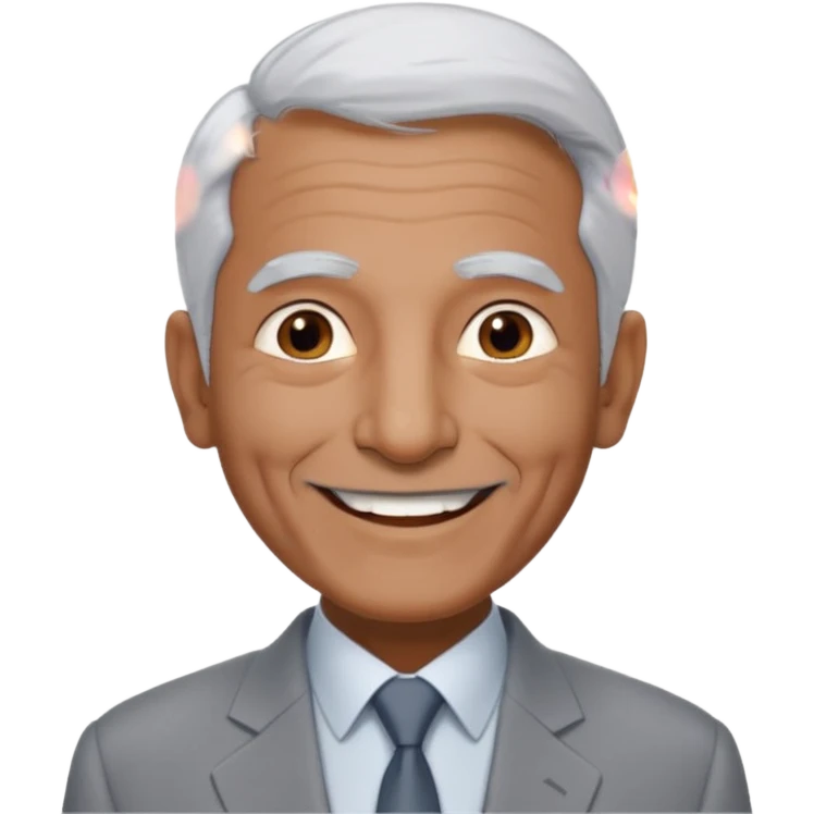 70 yr old man, very short & thin white hair, pakistani, light grey business suit, big smile, dark skin, no facial hair
 emoji