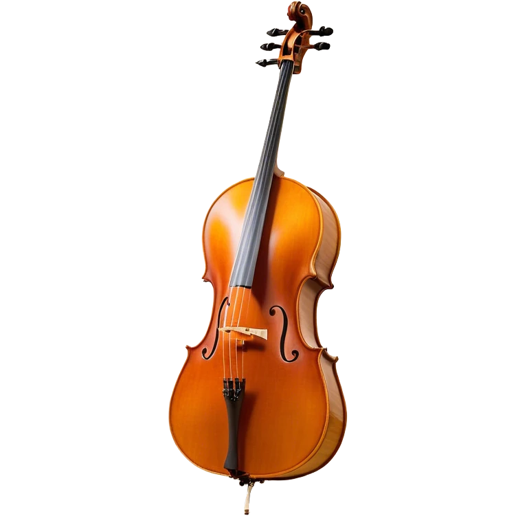 Create an elegant and refined emoji representing a Cremona 4/3F 4/4 cello with bow. The design should feature the distinctive, finely crafted body of the cello, highlighting its rich wooden finish and gracefully curved shape. The bow should be included, with visible horsehair and a polished wooden stick. Add subtle details like tuning pegs and strings to emphasize the precision and craftsmanship of the instrument. Use warm wood tones, deep brown, and soft metallic accents to reflect the high quality of the Cremona cello. The background should be transparent. emoji