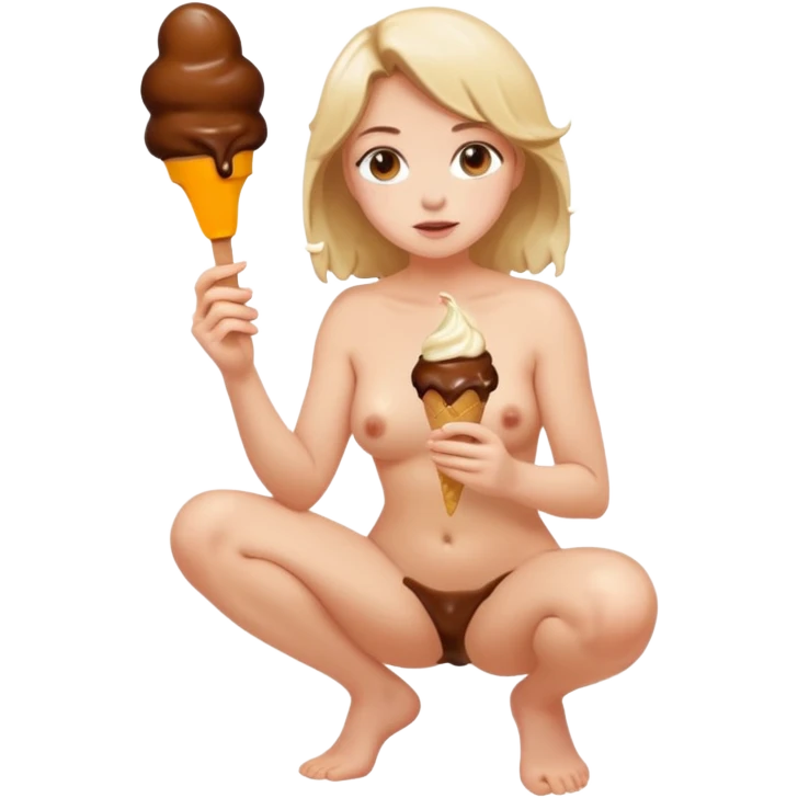 women squatting, full body naked showing brown icecream under her emoji