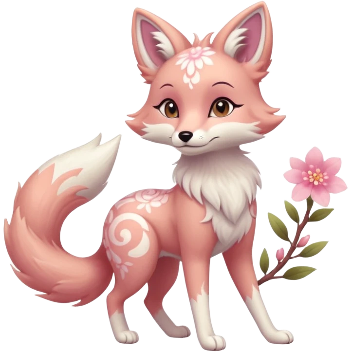 Anthropomorphic digitigrade Pastel beige and pastel Sakura-pink fox furry-Falvie-Fionbri-fursona with floral swirly markings and white spot markings, 2 legs, modern, sophisticated  emoji