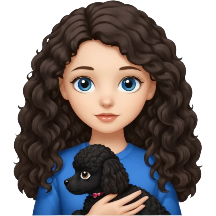 Brunette girl with long wavy hair and blue eyes holding one black puppy poodle with black fur and brown eyes. No decoration on the dog.  emoji