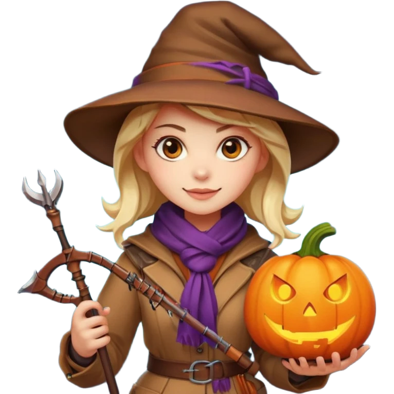 female human monster hunter emoji, wearing brown coat and hat, holding crossbow, soft smile, scarf, glowing pumpkin by her side, Halloween fantasy style, clean vector Apple emoji look, bright colors, white background, square emoji