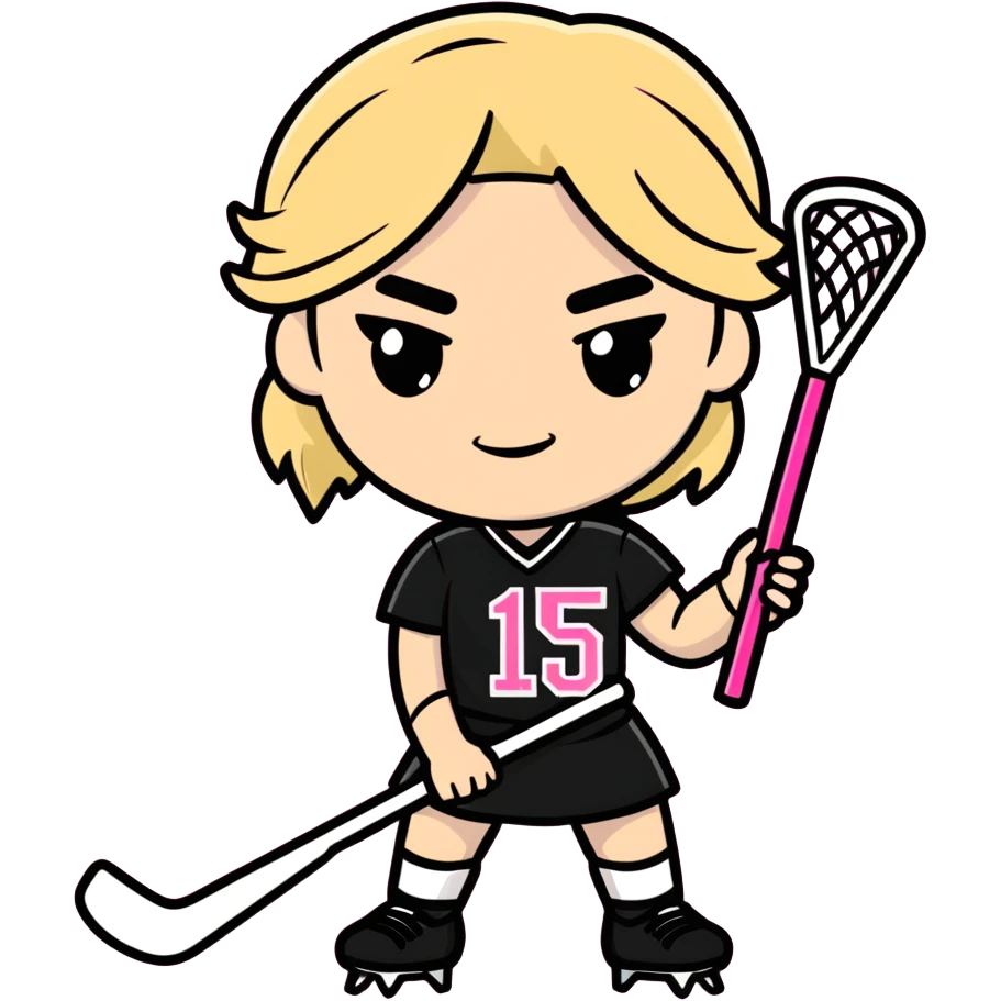 Women lacrosse player with a pink stick and all black uniform and dirty blonde hair cool and athletic number 15 with cool eye black very lacrosse  emoji