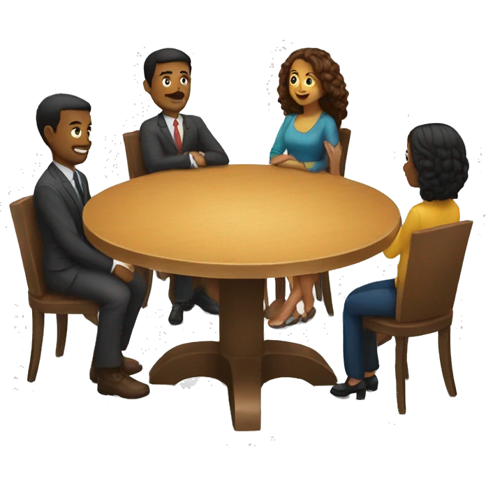 A round table with people sitting around it. They should be diverse in race and hair style emoji