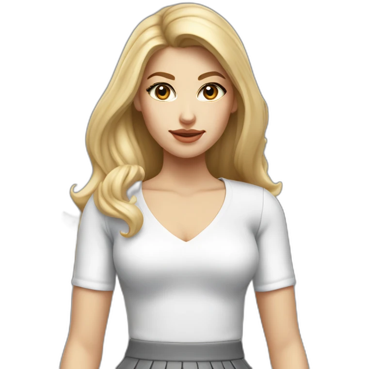 hyperrealist caucasian long blonde brown eyes woman white top gray mini tight skirt black high heels emoji