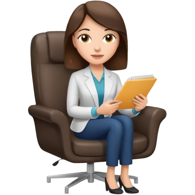female therapist, brunette, brown eyes, light skin, sitting in a modern chair with notes emoji