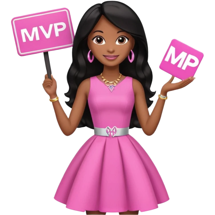 Black barbie, long black  hair, pink dress holding mvp sign  emoji
