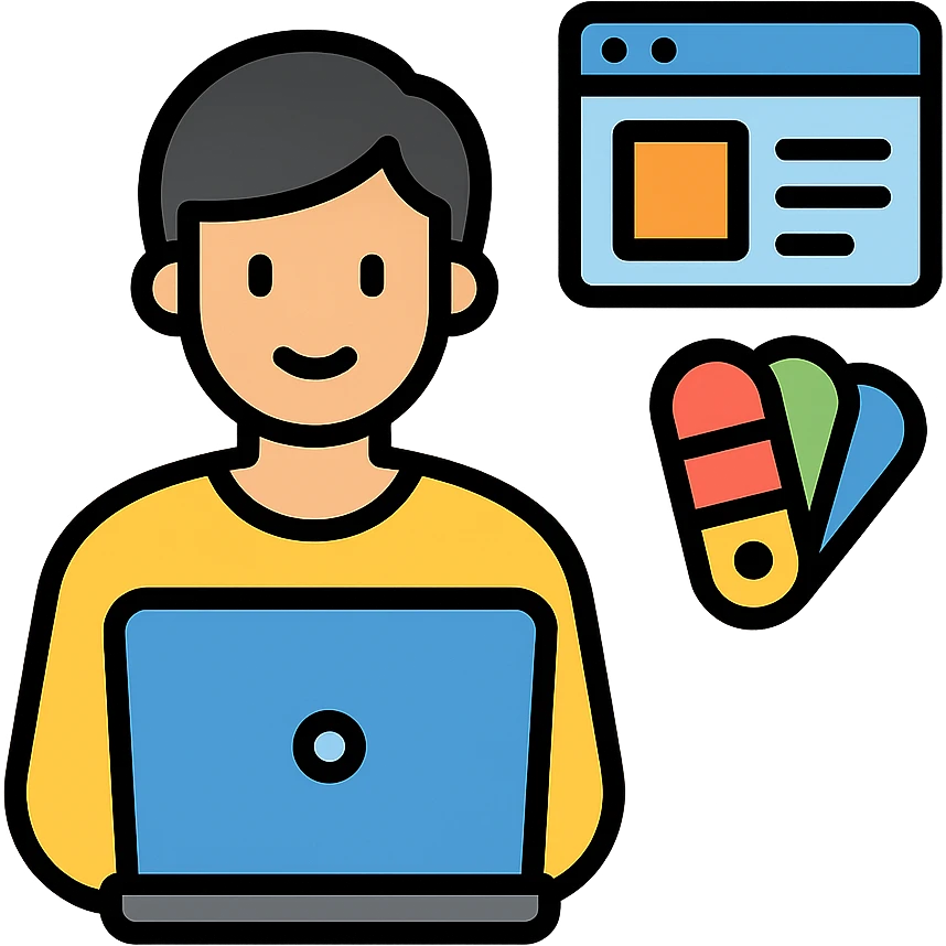 web designer as a color outline icon, showing a person at a computer with design elements like a color palette and wireframe emoji