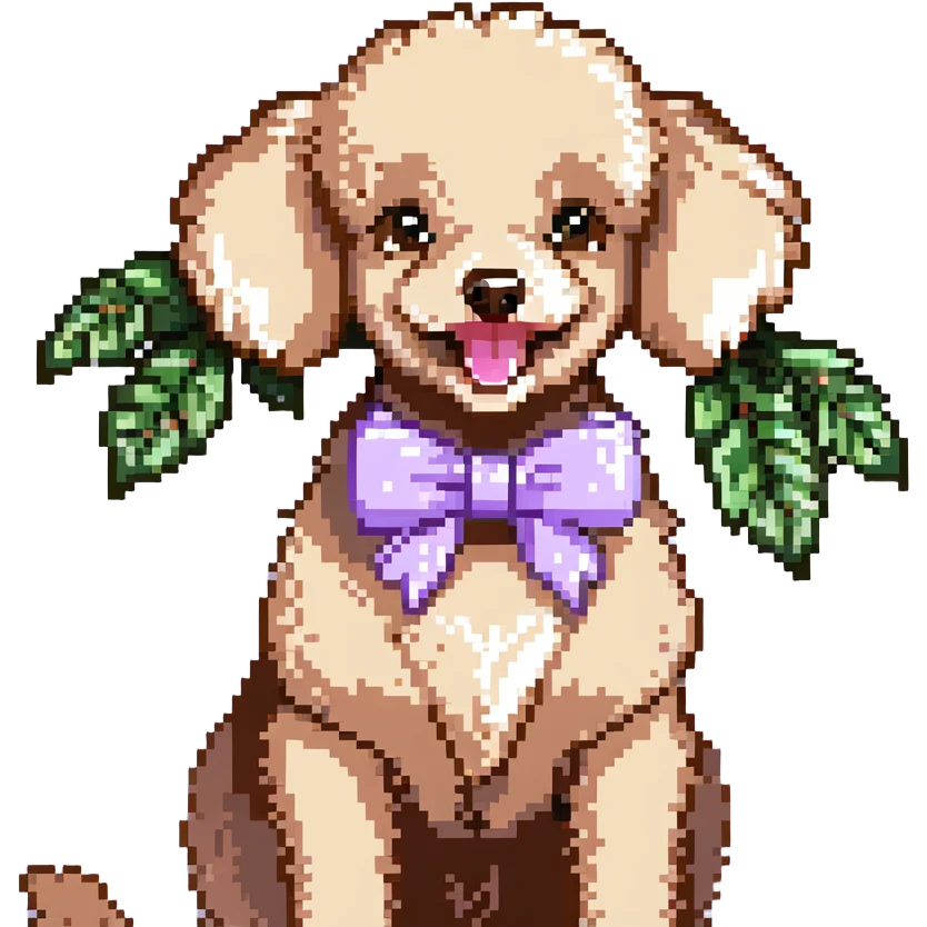 Peach-colored poodle with a narrow, short-haired face, hairstyle like Artemone. Long fluffy ears, each with a thin braid tied with a pink bow at the end. Happy face, smiling. A lilac branch in the mouth. emoji