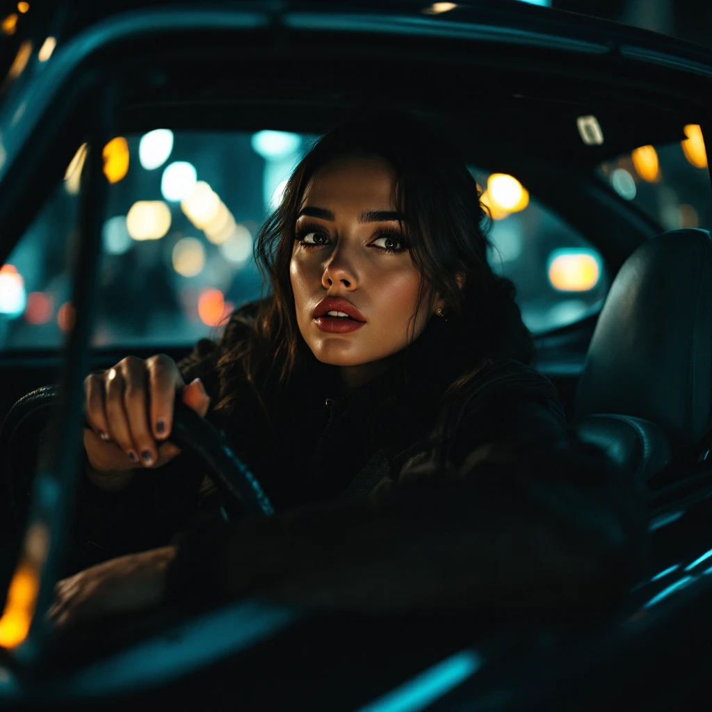 Cinematic still of a woman in porsche 911 emoji