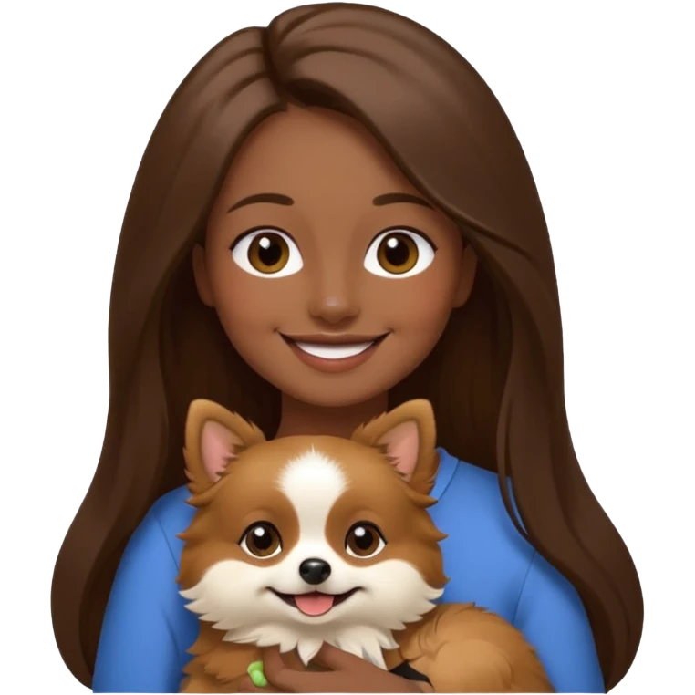 Create a high-quality emoji illustration of a woman with long brown hair, smiling, holding a small Pomeranian dog. The dog’s face is mostly black with a white line centered from the nose to the mouth. Minimalist emoji style, smooth lines, bright but natural colors.” emoji