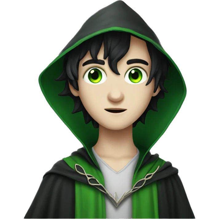 teenage white-skinned wizard with black hair green eyes in green disgue emoji