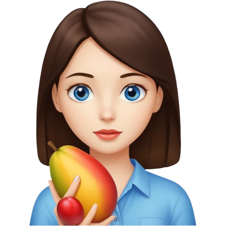 A brunette girl with blue eyes holding a mango emoji