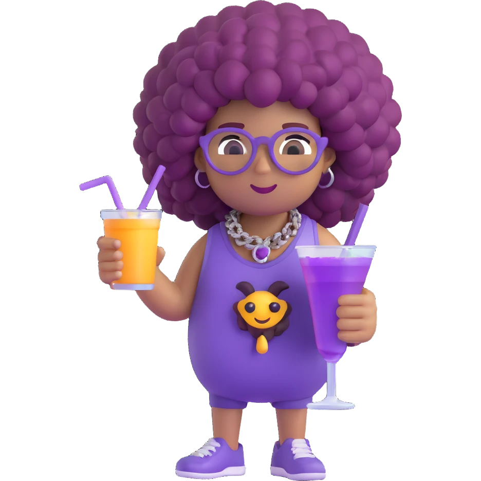 3D emoji of a cool character with a big curly afro, iced-out 'samu' chain, holding a purple drink and a joint emoji