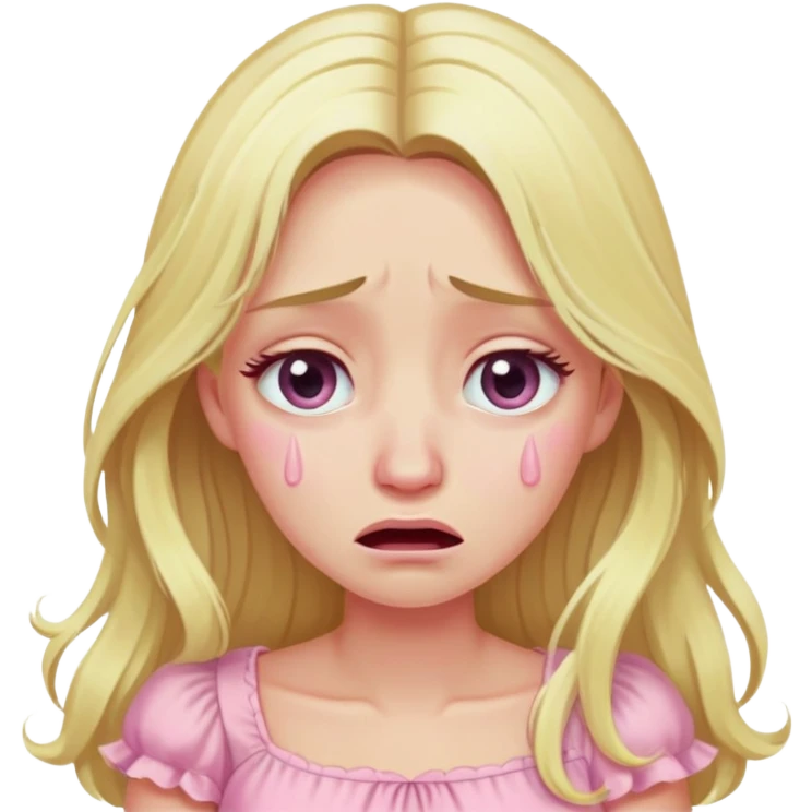 blonde with long hair and swamp eyes in a pink pastel dress, cry emoji