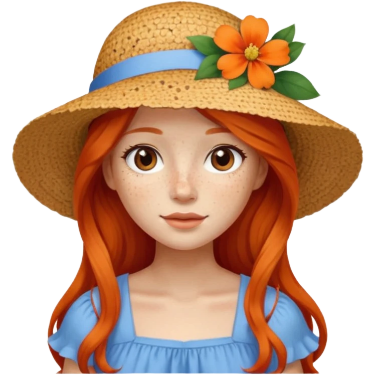 girl, freckles, wearing_summer_hat, white flower on hat, red orrange long hair, blue dress emoji