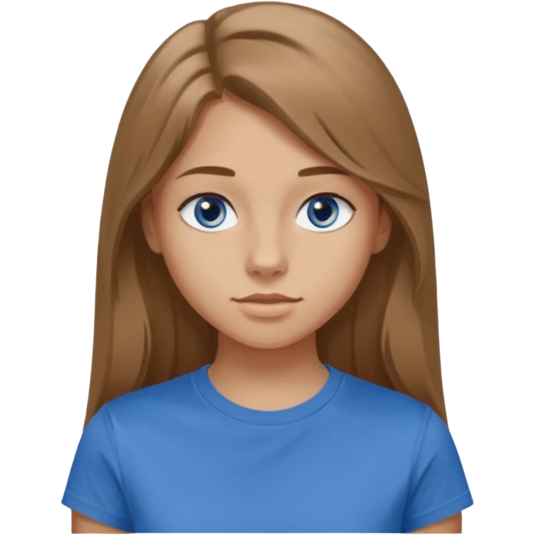 A 16-year-old girl with long, light brown hair and blue eyes. She also has slightly tanned skin, a small nose, and average-sized lips (though her lower lip is slightly larger than her upper lip). She's wearing a taupe T-shirt with a round neck.  emoji
