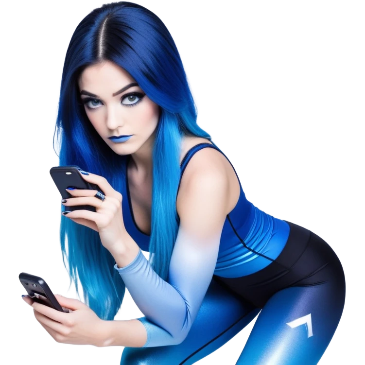 Shameful-head tilted-texting on phone-very very very large upper body-sexy face-bending forward at waist-very long very straight dark blue to light blue ombre hair-and-blue eyes-thick black eyeliner-thick long eyelashes-iridescent blue lowcut tanktop with black leggings with glitter superman logo emoji