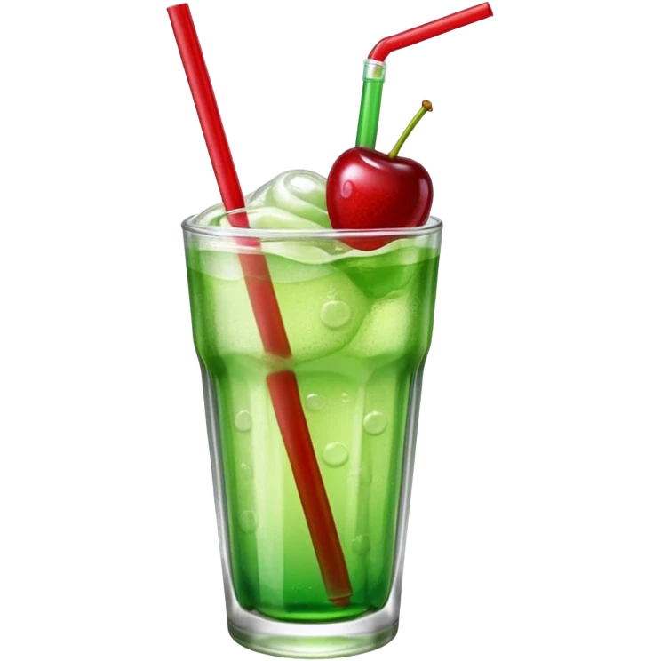 Create an emoji with a clear rounded glass, bright transparent green soda with fine bubbles, a smooth vanilla scoop, a glossy red cherry, and a red straw, using vibrant colors, soft shading, and clear glass highlights.
 emoji